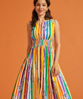 Woman modeling a rainbow stripe fit and flare casual dress