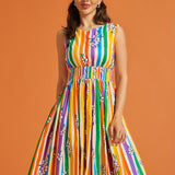 Woman modeling a rainbow stripe fit and flare casual dress