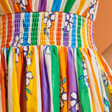 Close up of smocked waistband on a colorful striped dress with floral patterns