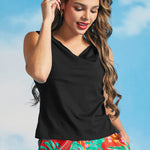 Woman modeling a black stretch knit sleeveless top with a soft boatneck neckline