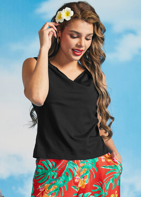 Woman modeling a black stretch knit sleeveless top with a soft boatneck neckline