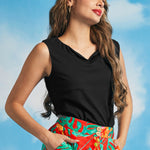 Detailed view of the soft folded boatneck neckline on a black sleeveless top
