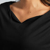 Close-up of the black boatneck neckline and smooth stretch knit fabric