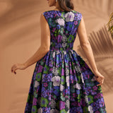 Back view of black floral midi dress with smocked waistband