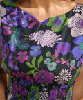 Close-up of colorful retro floral print on black background