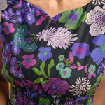 Close-up of colorful retro floral print on black background