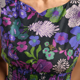 Close-up of colorful retro floral print on black background