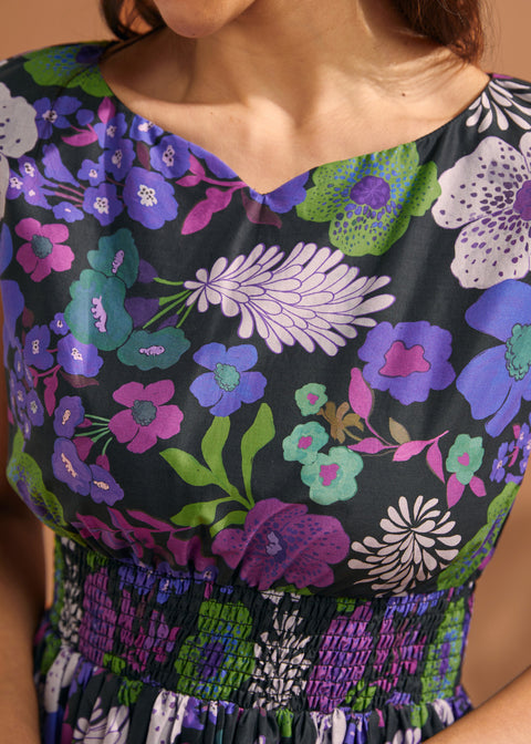 Close-up of colorful retro floral print on black background