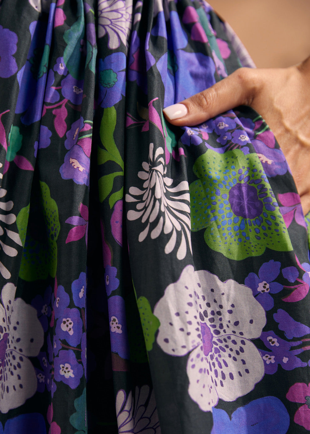 Detail of side pocket on black floral cotton midi dress