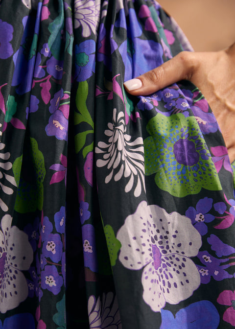 Detail of side pocket on black floral cotton midi dress