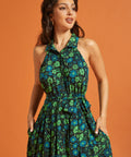 Front view of floral button-front midi dress with removable belt