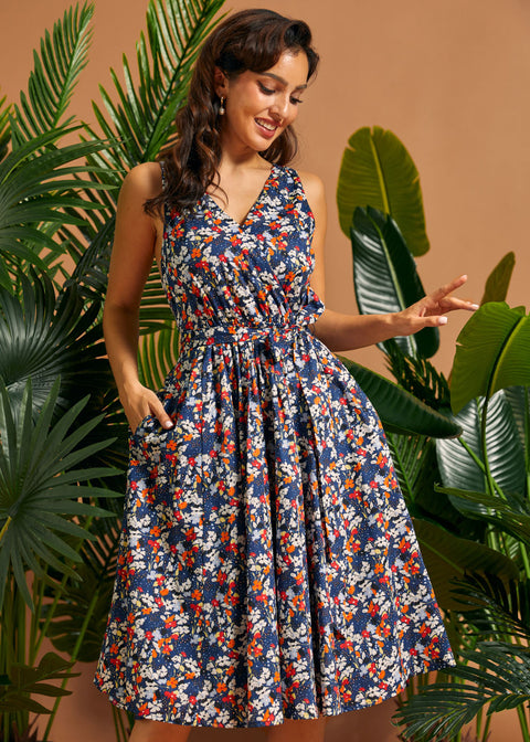 faux wrap dresses Navy Floral Faux Wrap Cotton Dress with Pockets – ModCloth