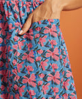 Detail of the oversized patch pocket on the blue floral cotton dress.