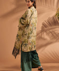 Back view of tropical print duster showcasing allover botanical and leopard motif.