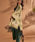 Side view of lightweight open-front fringe duster with tropical foliage print.