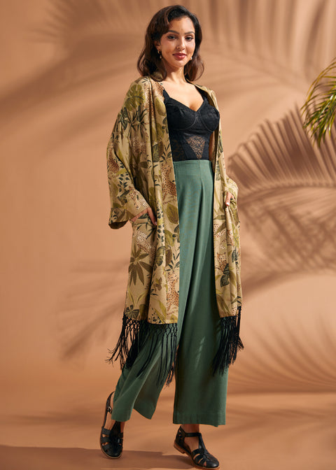 Front view of vintage-inspired fringe duster featuring leopard and palm print.