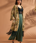 Full-length view of lightweight open-front fringe duster with pockets, layered over casual outfit.
