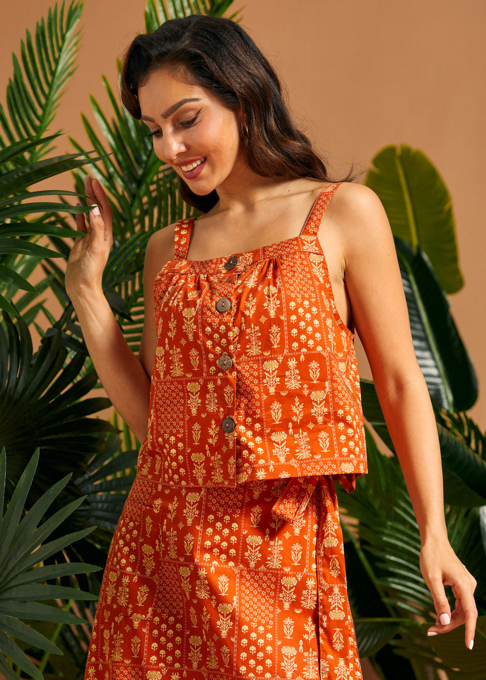 Side view of square neck cotton cami with wide straps and retro silhouette.