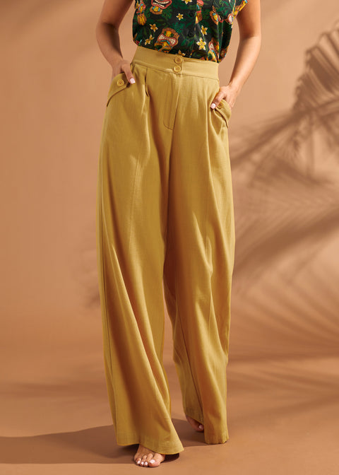 Detailed view of high waist and decorative button accents on vintage-inspired wide leg pants.