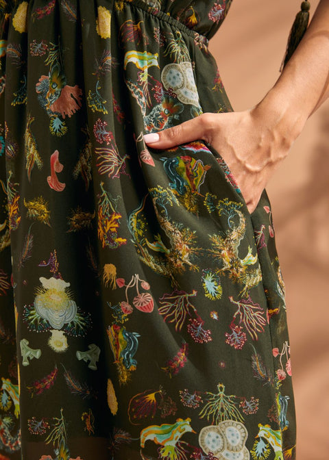 Close-up of side pocket on tropical novelty print maxi dress.