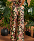 Rear view of jungle cat print palazzo pants showing relaxed fit.