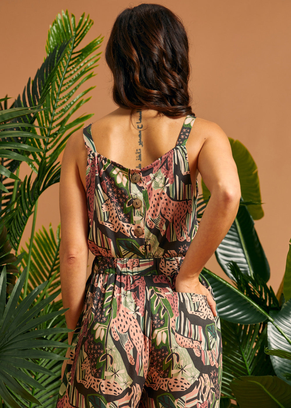 Rear detail of the tropical cat print cropped camisole.