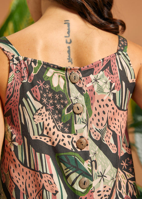 Back view of the cropped tank featuring coconut button detailing.