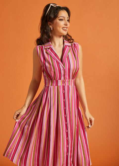 Front view of striped button-front dress with camp collar and vintage-inspired silhouette.