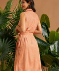 Back view of a sleeveless striped linen blend shirt dress.