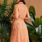 Back view of a sleeveless striped linen blend shirt dress.