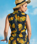 Back view of tropical print sleeveless shirt with convertible collar