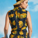 Back view of tropical print sleeveless shirt with convertible collar