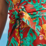 Close-up of tropical floral print and tie-front detail on retro sleeveless shirt