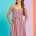 Front view of rainbow stripe midi dress with adjustable straps and fitted bodice