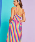 Back view of rainbow stripe midi dress with adjustable straps and midi-length skirt