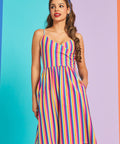 Rainbow stripe midi dress with adjustable spaghetti straps and A-line skirt