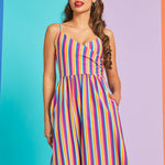 Rainbow stripe midi dress with adjustable spaghetti straps and A-line skirt