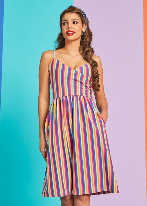 Rainbow stripe midi dress with adjustable spaghetti straps and A-line skirt