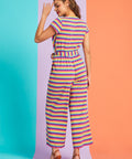 Back view of rainbow stripe wide-leg jumpsuit with short sleeves and elastic waist