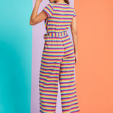 Back view of rainbow stripe wide-leg jumpsuit with short sleeves and elastic waist