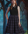 Front view of the ModCloth Evening Enchantment Fit & Flare Dress highlighting the jeweled collar, sleeveless bodice, and twirl-worthy plaid tulle skirt.