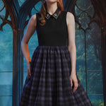 Front view of the ModCloth Evening Enchantment Fit & Flare Dress highlighting the jeweled collar, sleeveless bodice, and twirl-worthy plaid tulle skirt.