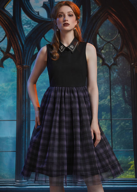 Front view of the ModCloth Evening Enchantment Fit & Flare Dress highlighting the jeweled collar, sleeveless bodice, and twirl-worthy plaid tulle skirt.
