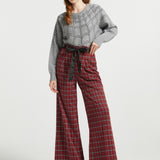 A woman modeling a gray knit sweater with spiderweb pattern and red plaid wide-leg trousers with a black tie belt, paired with black heels, against a light gray studio background.