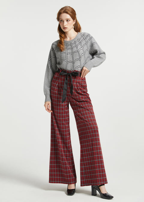 A woman modeling a gray knit sweater with spiderweb pattern and red plaid wide-leg trousers with a black tie belt, paired with black heels, against a light gray studio background.