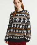 Front view of women's Halloween Fair Isle sweater with ghost, skull, bat, spider, and cemetery pattern in a soft cotton blend knit.