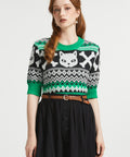 Front view of women's Fair Isle short sleeve sweater in a soft cotton blend with retro novelty knit details and ribbed trim.