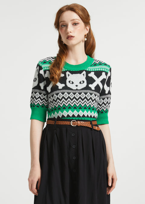 Front view of women's Fair Isle short sleeve sweater in a soft cotton blend with retro novelty knit details and ribbed trim.