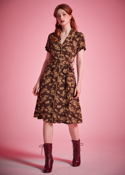 Brown floral shirt dress with contrast piping and rounded notch collar detail