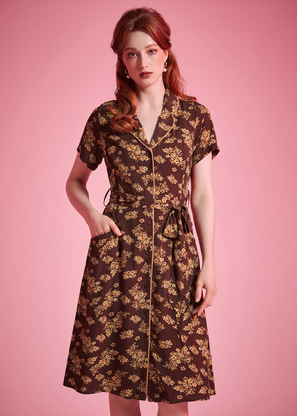 Vintage-inspired brown floral midi shirt dress with full button front and sash belt